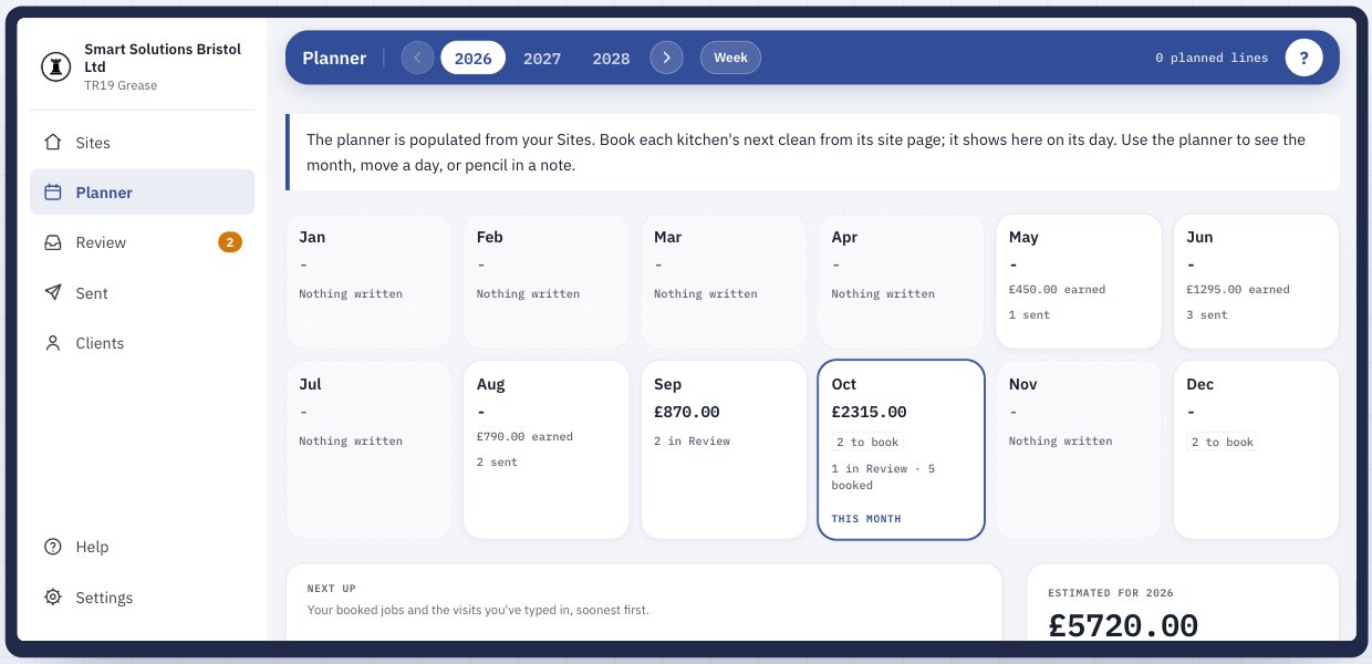 The SMART planner showing a year of kitchen extract cleans, month by month