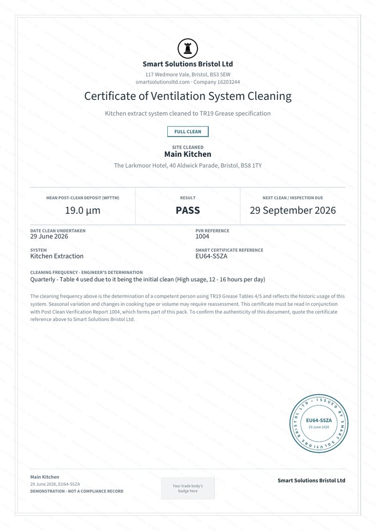 Sample TR19 Grease certificate showing the mean post-clean deposit, the result and the next clean date